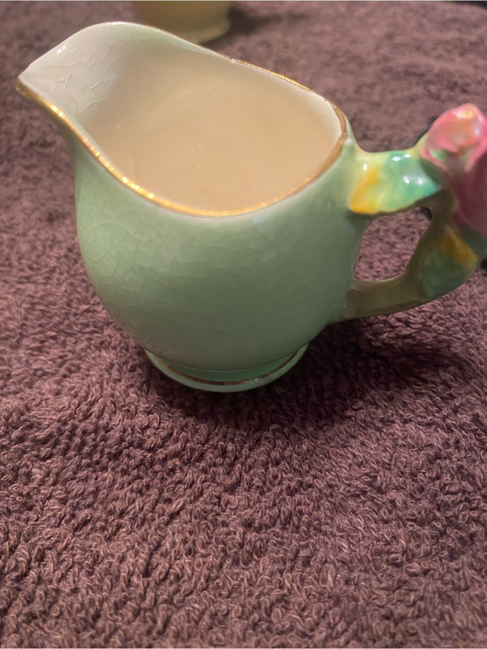 Royal Winton Mint Green Porcelain Creamer with Gold Trim and Floral Handle